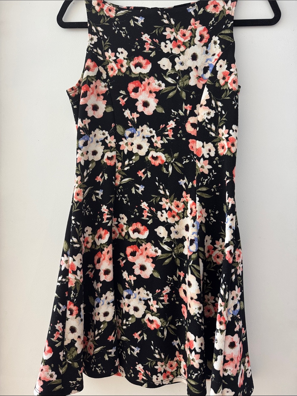 Sears Black Floral A-Line Dress with Pink, White & Blue Blooms